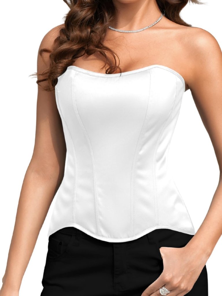 Women's Lustrous Satin Corset, Strapless Overbust Lace-Up Shapewear, Elegant Wed